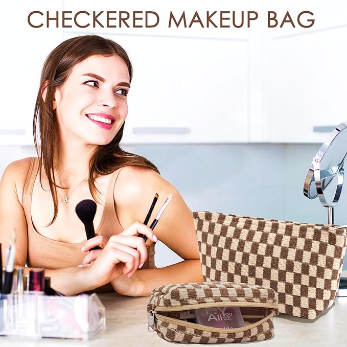 Travel Makeup Bag, Checkered Cosmetic Bag Make Up Organizer Case for Women, Small Toiletry Bag Skincare Pouch for Toiletries Accessories Brushes, 2PCS