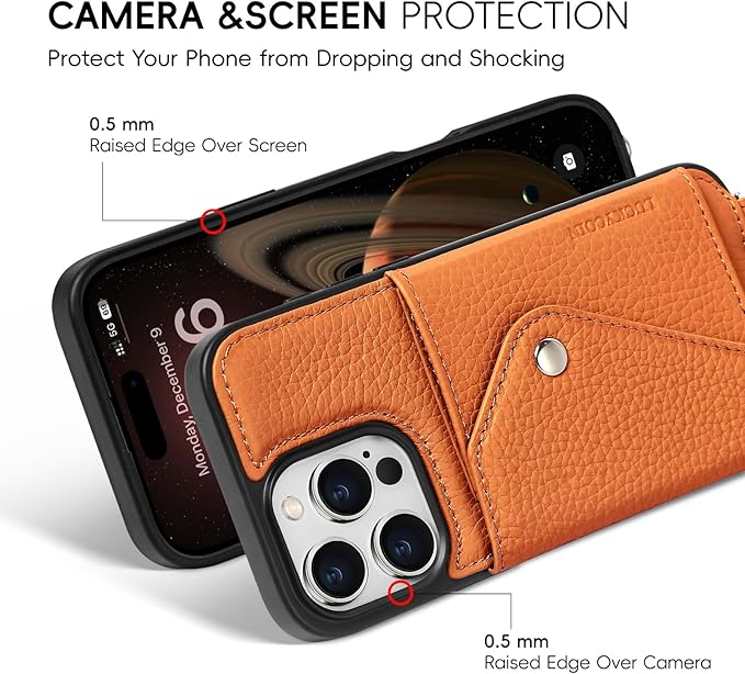 LUCKYCOIN Crossbody Wallet Phone Case for iPhone 16 Pro Max,100% Genuine Leather Wallet Phone Case with Expandable Flip Card Holder,Phone Purse for Women with Adjustable Removable Strap - Pebble Brown