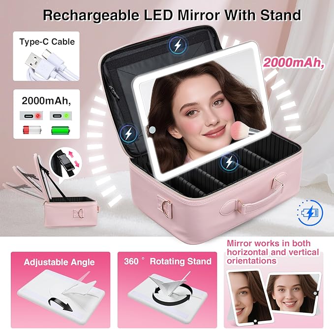 Large Makeup Bag with LED Mirror,Travel Cosmetic Train Case for Makeup Artists,Makeup Organizer Case with Divider Rechargeable Vanity Mirror with 3 Color Lights for Barber,MUA,Nail Tech, Pink