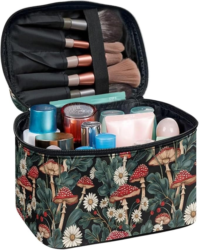 JoyLamoria Bright Mushroom Daisy Travel Makeup Bag Portable Cute Brush Bag Toiletry Bag for Women