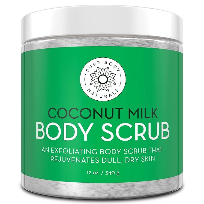 Pure Body Naturals Exfoliating Body Scrub with Hydrating Coconut Milk and Detoxifying Dead Sea Salt, Moisturizing Exfoliating Scrub, 12 Ounce (Packaging Varies)