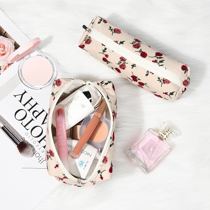 SOIDRAM Makeup Bag Floral Cosmetic Bag Cute Makeup Pouch 1Pcs Large Capacity Makeup Bags and 1Pcs Makeup Brushes Storage Bag Travel Toiletry Bag Organizer