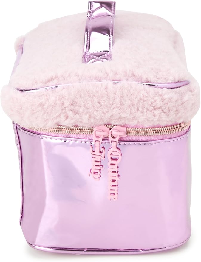 Juicy Couture Pink Makeup Bag Cosmetics Organizer Travel Essentials Train Case Shiny Rhinestones Faux Shearling