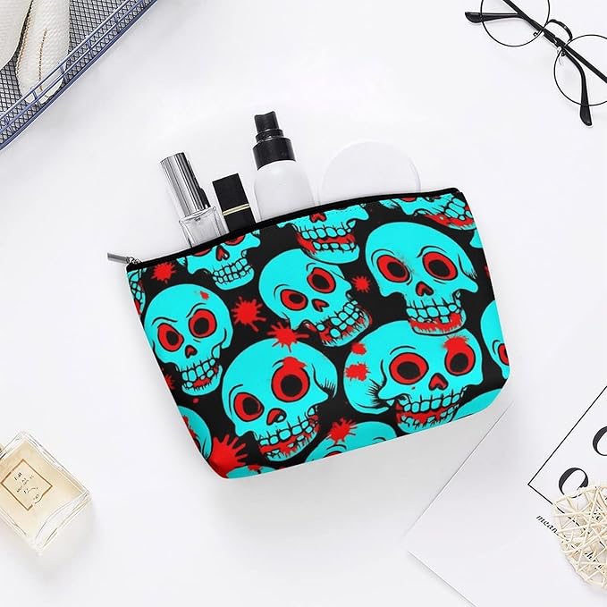 Women's Fashion Zipper Cosmetic Case, Portable Makeup Case, Personality Toiletry Bag, Travel Cosmetic Toiletry Bag Halloween Cool Red Blood Zombie Skull
