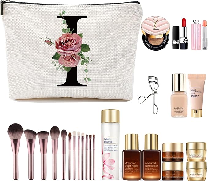 Initial A-Z Personalized Letter Makeup Bag, Monogrammed Bridesmaid Gifts/Presents Cosmetic Bag, Portable Stationery Storage Organizer Pouch, Friendship Love Travel Makeup Bags