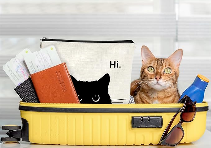 Cute Cat Makeup Bag, Kitty Cosmetic Zipper Travel Toiletry Bag, Black Cat Gifts for Women & Teen Girls