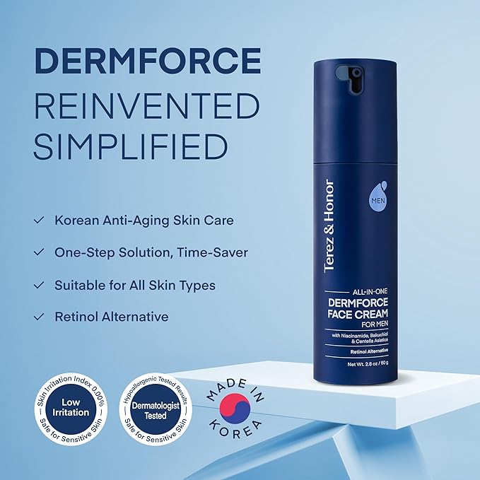 TEREZ & HONOR 6-In-1 Face Cream for Men: Korean Dermforce Anti-Aging Moisturizer Cream with Niacinamide & Bakuchiol - Reduces Wrinkles, Dark Spots, Eye Bags & Puffiness - K-Beauty Gift for Men 2.8oz