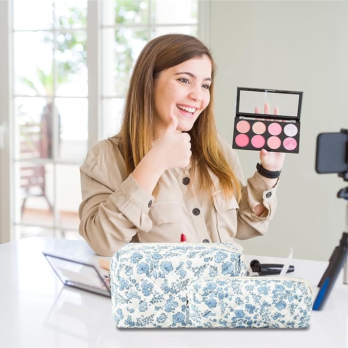2Pcs Floral Makeup Bag for Women Cotton Quilted Small Coquette Cosmetic Bag Cute Zipper Blue Flower Makeup Pouch Aesthetic Portable Pencil Case Travel Toiletry Bag Trendy Cloth Skincare Bag
