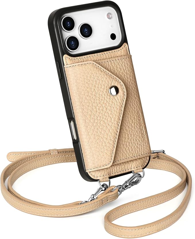 LUCKYCOIN Crossbody Wallet Phone Case for iPhone 17 Pro Max,100% Genuine Leather Wallet Phone Case with Expandable Flip Card Holder,Phone Purse for Women with Adjustable Removable Strap - Pebble Beige