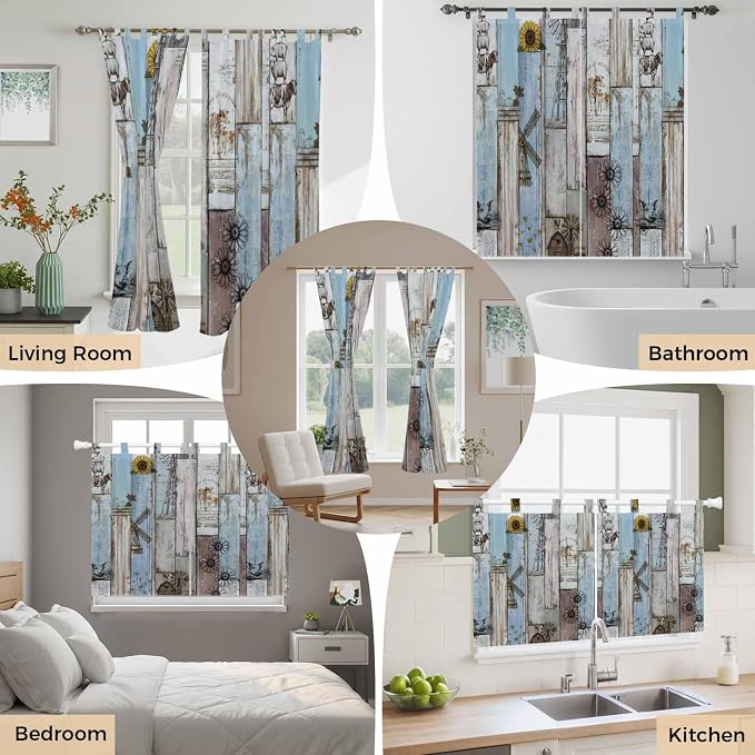 Blue Grey Wooden Kitchen Curtains 45 Inch Length, Short Cafe Window Curtains - Image 7