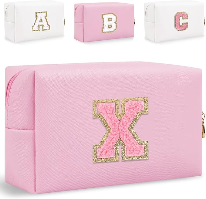 Small Personalized Glitter Initial Letter Makeup Bag, Cute PU Leather Chenille Letters Cosmetic Bag Travel Makeup Pouch, Preppy Travel Organizer Zipper Pouch for Women&Girls（PinkPink-X）