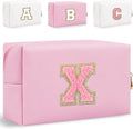 Small Personalized Glitter Initial Letter Makeup Bag, Cute PU Leather Chenille Letters Cosmetic Bag Travel Makeup Pouch, Preppy Travel Organizer Zipper Pouch for Women&Girls（PinkPink-X）