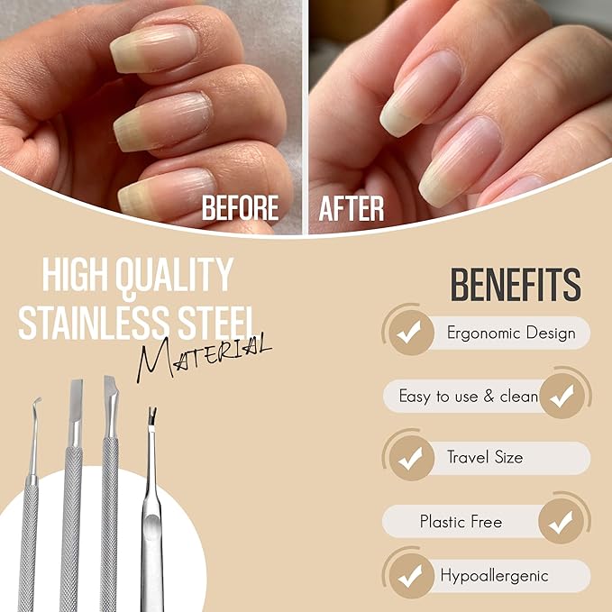 Cuticle Pusher Tools - Professional Nail Cuticle Pusher Cuticle Remover Cuticle Trimmer Ingrown Toenail Lifter Nail Cleaner Dual Sided Stainless Steel Manicure Pedicure Women 4 Pack Set Krisp Beauty