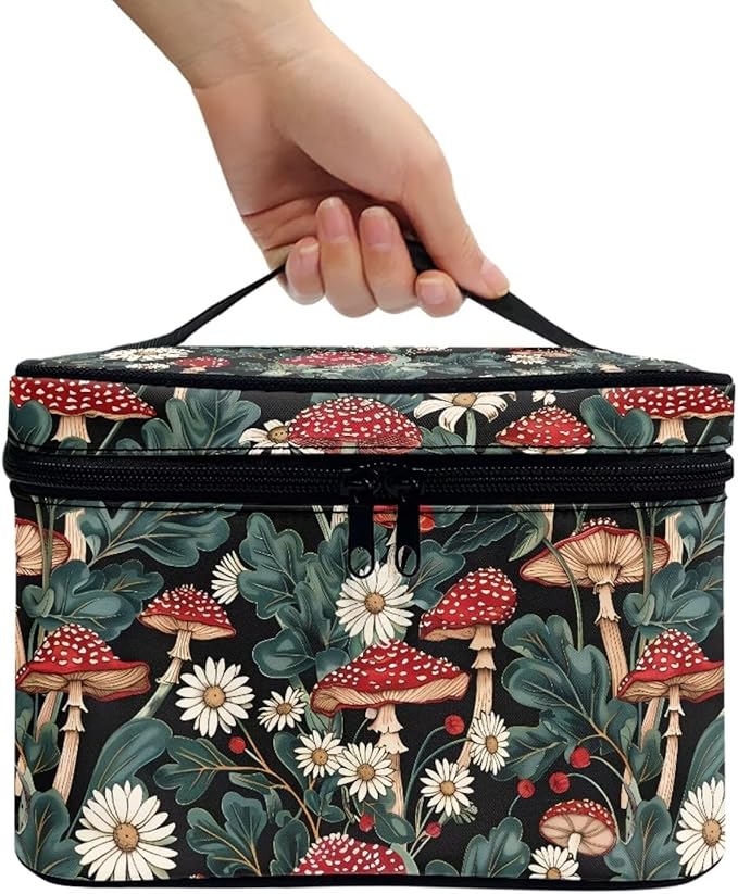 JoyLamoria Bright Mushroom Daisy Travel Makeup Bag Portable Cute Brush Bag Toiletry Bag for Women