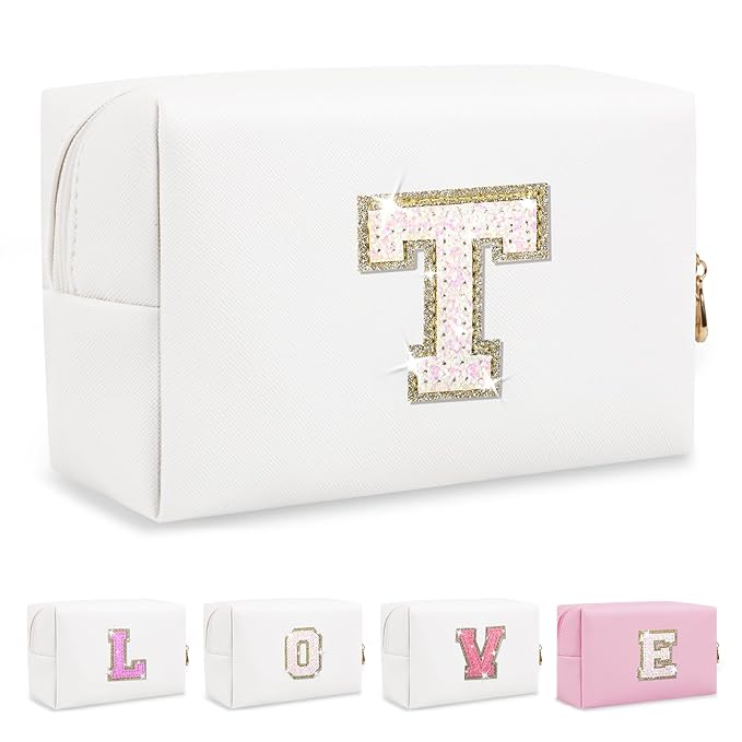 Small Initial Patch Makeup Bag Personalized Gifts Make Up Bag,White Cute PU Leather Glitter Letter Cosmetic Bag with Zipper,Trendy Portable Travel Toiletry Pouch,Preppy Stuff for Teen Girls Women T