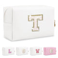 Small Initial Patch Makeup Bag Personalized Gifts Make Up Bag,White Cute PU Leather Glitter Letter Cosmetic Bag with Zipper,Trendy Portable Travel Toiletry Pouch,Preppy Stuff for Teen Girls Women T