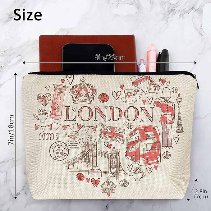 Women Makeup Organizer Bag London, Heart Shape I Love London Quote Flax Cosmetic Bag Makeup Bags Toiletry Bag Accessories Organizer Travel Bags For Home Bathroom Office Hotel Gym