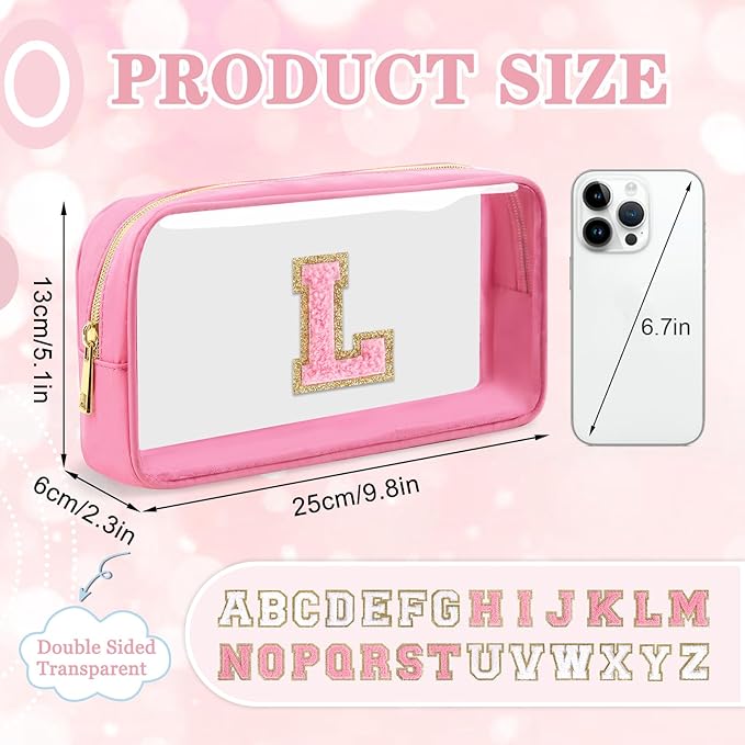 Small Clear Personalized Initial Makeup Bag,Nylon Preppy A-Z Chenille Letter Patch Cosmetic Pouch Beach Toiletry Bag,Waterproof Zipper Travel Purse Storage Bag Organizer for Women Girls(Pink-Pink L)