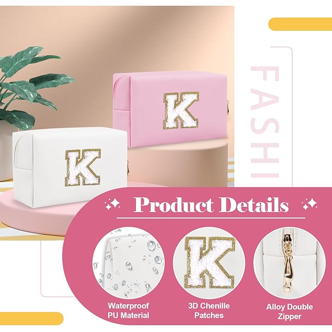 Small Personalized Initial A-Z Preppy Patch Makeup Bag,White PU Chenille Letter Travel Cosmetic Pouch with Zipper,Cute Toiletry Bag,Gift Ideal for Teen Girls Women Teacher Bridesmaid,Letter K
