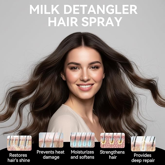 Hair Milk Spray, Nourishes Hair Detangler Conditioner, Repairs Dry, Damage & Split Brittle Strands, All in One Leave-In Mist for All Hair Types, Cruelty Free Refreshing Formula, 4.56 Fl Oz