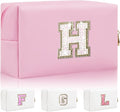 Personalized Initial Makeup Bag, Small Glitter Letter Patch Cosmetic Pouch Zipper, Preppy Makeup Organizer PU Waterproof Travel Toiletry Bag,Monogrammed Birthday Gift for Women Girls(Letter H)