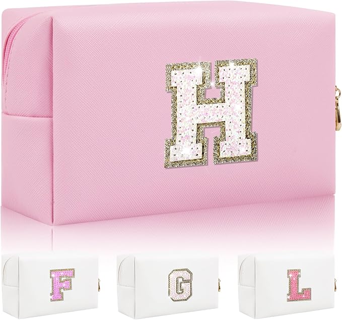 Personalized Initial Makeup Bag, Small Glitter Letter Patch Cosmetic Pouch Zipper, Preppy Makeup Organizer PU Waterproof Travel Toiletry Bag,Monogrammed Birthday Gift for Women Girls(Letter H)