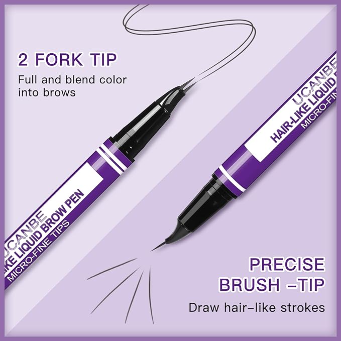 UCANBE Curved Eyebrow Pencils for Women with Spoolie Brush,Dual-Ended Eyebrow Pen with 2-Fork-Tip&Precise Brush-Tip,Microblading Brow Pen for Hair-Like Brows,Waterfool, Long Lasting,Light Brown