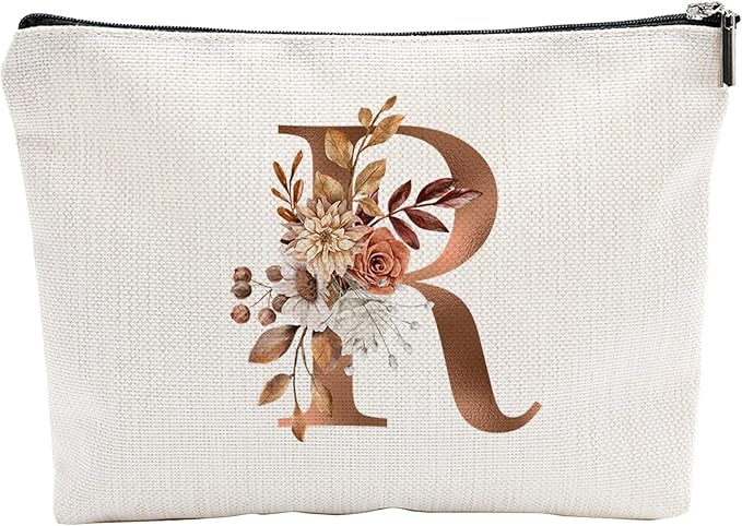 A-Z Boho Personalized Cosmetic Bag-Floral Cotton Letter Makeup Bag With Zipper-Artistic Cosmetic Bag For Travel-Bride,Birthday Gift For Women Daughter Friends-Women Makeup Organizer-A18