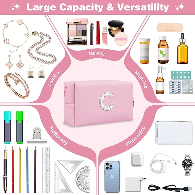 ChaoGreat Bride Gifts – Personalized Initial Makeup Bag with Pearl Rhinestone Patch, Preppy Pink Monogram Cosmetic/Toiletry Pouch, bridesmaid Gifts, Bridal Shower Gifts, Wedding Gifts, Bridal Gifts,C