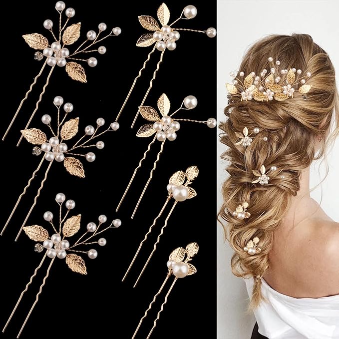 7 Pieces Gold Leaf Pearl Hair Pins with Flower Headpiece - Vintage Styling Accessories for Brides, Bridesmaids, and Girls