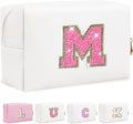 Initial Letter Patch Makeup Bag, Small Preppy A-Z Glitter Letter Cosmetic Bag, PU Leather Waterproof Travel Toiletry Bag, Cute Make Up Pouch Personalized Monogrammed Gift for Women Teen Girls