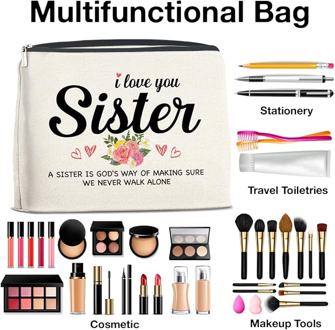 Sister Gifts from Sisters Makeup Bag, Gift for Bestie Best Friend Sister Christmas Birthday, Sisters Cosmetic Bag Zipper Makeup Pouch
