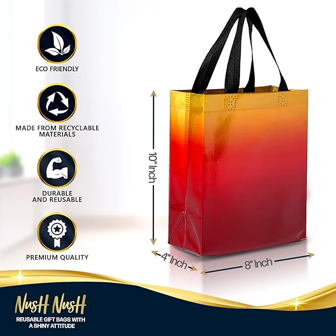 Nush Nush Set of 12 Gradient Medium Gift Bags - 4 Stunning and Shiny Reusable Gift Bags With Handles - Ideal Goodie Bag for Birthday Party, Wedding Party Favors, Christmas, Thanksgiving - 8x4x10