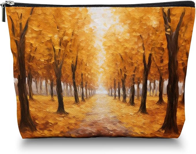 Makeup Bag Travel Cosmetic Bags Small Makeup Case Waterproof Zipper Pouch for Women Girls 7X9inches - Autumn Forest Path in Oil Painting