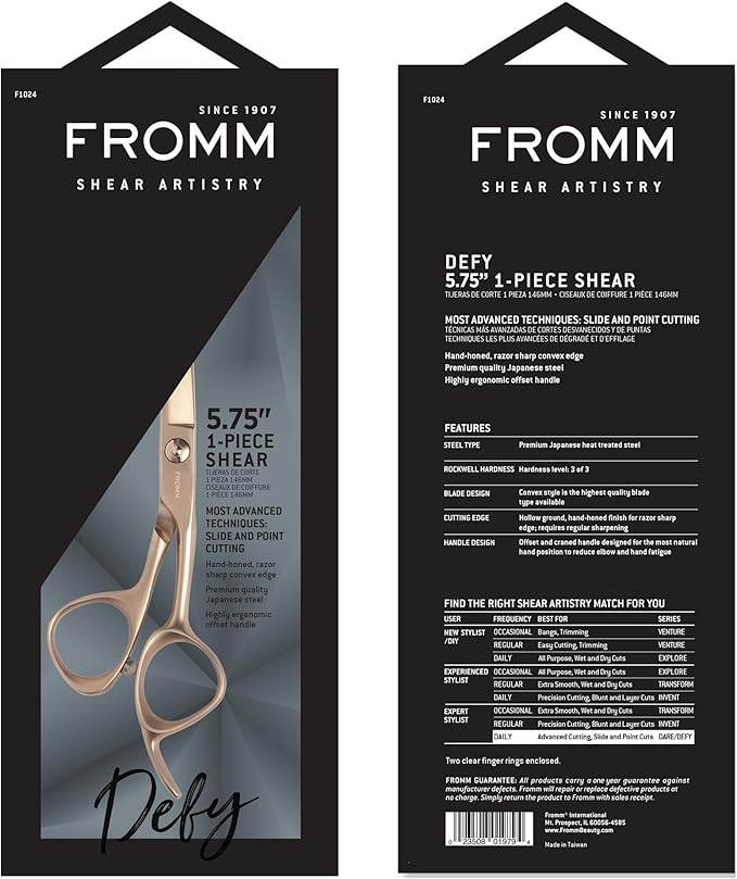 Fromm Defy 5.75" 1-Piece Precision Slide and Point Hair Cutting Shears with Razor Sharp Semi-Convex Blade for Expert Salon Stylists, Matte Gold Japanese Steel Scissors