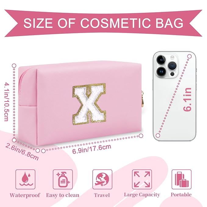 Personalized Initial A-Z Preppy Patch Makeup Bag,Small PU Chenille Letter Cosmetic Bag with Zipper for Teen Girls,Pink Cute Toiletry Organizer Bag,Monogram Makeup Case Gift for Women Girls,Letter X