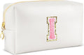 Initial Makeup Bag Personalized Preppy Travel Small Cosmetic Bag Cute PU White Chenille Letter Makeup Pouch for Purse Waterproof Zippered Toiletry Organizer for Women Girls Kids Friends (I)