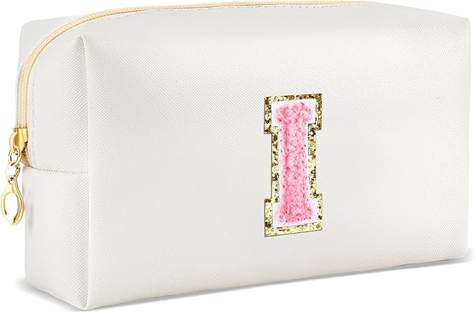 Initial Makeup Bag Personalized Preppy Travel Small Cosmetic Bag Cute PU White Chenille Letter Makeup Pouch for Purse Waterproof Zippered Toiletry Organizer for Women Girls Kids Friends (I)