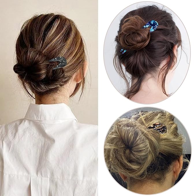 French Hair Forks Tortoise Shell U Shape Updo Hair Pins Clips for Thin Thick Hair, Long Classic 2 Prong Bun Hair Sticks Chignon Women Vintage Hairstyle Accessories, 3 Pack (Blue Brown Black)