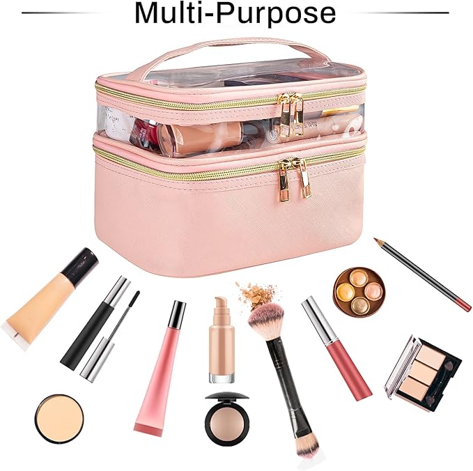 Pink Makeup Bag, Leather Double Layer Makeup Bag,Travel Accessories Toiletry Bag for Women,Travel Essentials Cosmetic Bag