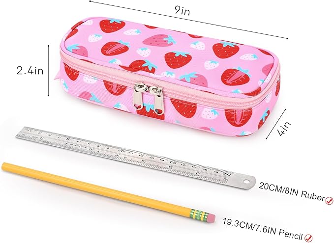 mibasies Girls Pencil Case for Kids, Multi-Slot Pencil Pouch, Assorted Strawberry Red