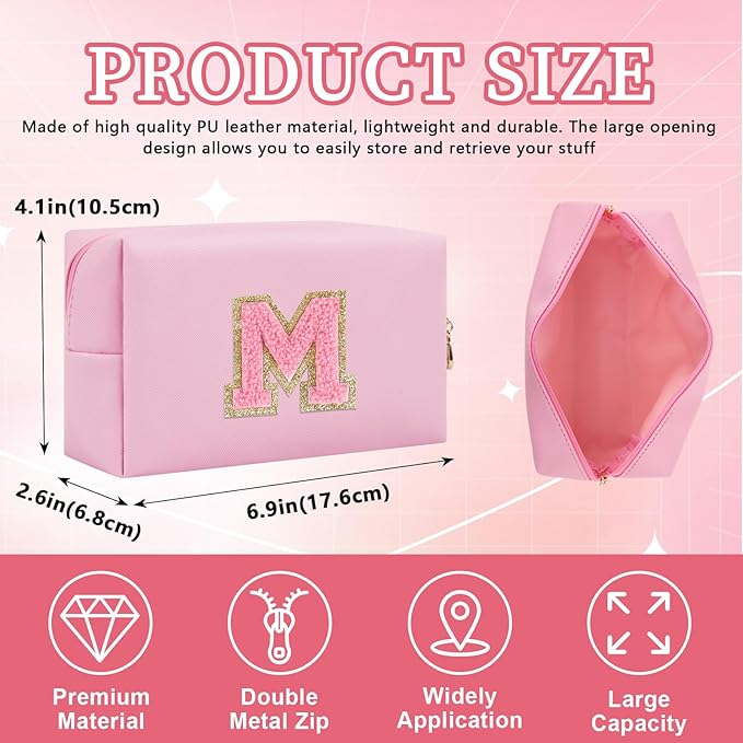 Personalized Initial Letter Patch Makeup Bag, Preppy Small Chenille Cosmetic Bag with Zipper, PU Leather Waterproof Travel Toiletry Bag Monogram Make Up Pouch for Women Girls