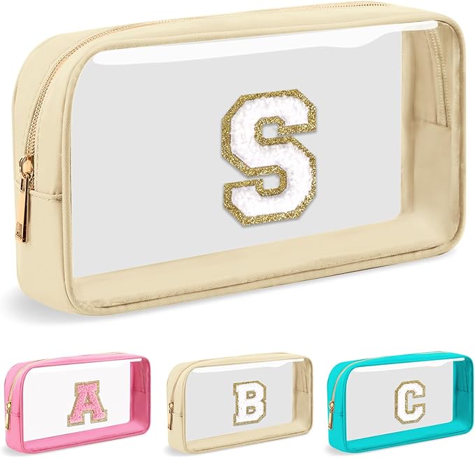 Personalized Initial Letter Clear Makeup Bag,Preppy Small Nylon&PVC Cosmetic Zipper Bag with Chenille Letter,Portable Beach Travel Skincare Toiletry Bag,Trendy Monogram Gift for Teen Girls Women,S