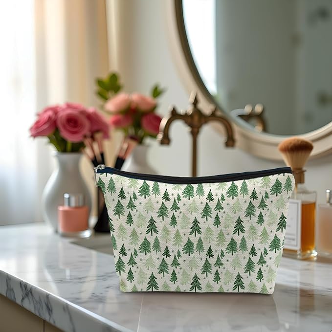 Forest Green Christmas Tree Makeup Bag, Rustic Pine Tree Cosmetic Bags Gifts for Women, Winter Christmas Portable Travel Toiletry Bag Zipper Makeup Pouch