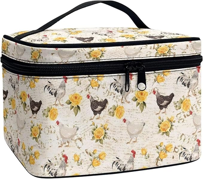 Chicken Yellow Rose Pattern Travel Makeup Bag for Women Large Capacity Cosmetic Bags with Zipper and Handle Make Up Tote Bags Organizer Portable Toiletry Bags