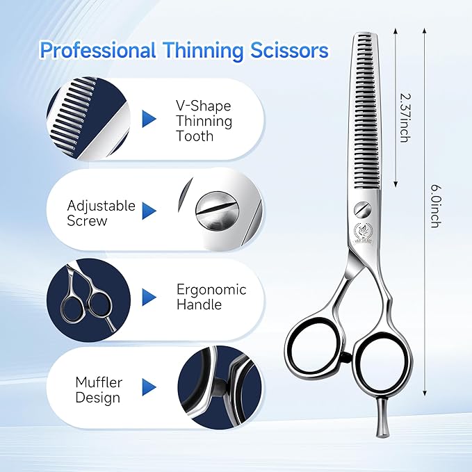 Fenice Peak 6'' Hair Cutting Scissors Set, Professional 440C Stainless Steel Barber Shears Kit with Cutting & Thinning Scissors, 9 PCS Hairdressing Tools for Men Women Salon Home Use