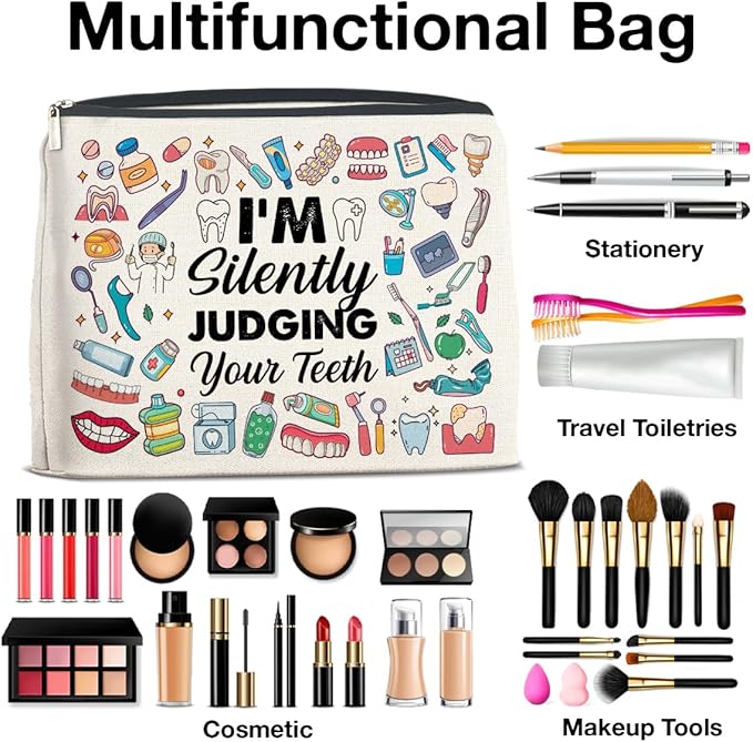 Dental Professional Makeup Bag - I'm Silently Judging Your Teeth Zipper Pouch for Caregivers & Graduates