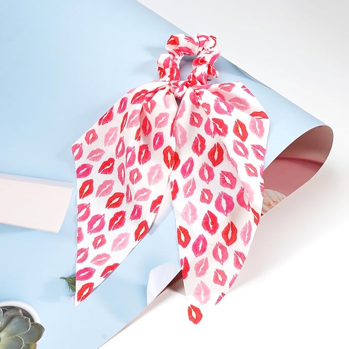 Valentine's Day Hair Ties Pink Lip Hair Scrunchies for Women Teen Girls Elastic Love Hair Tie Ribbon Valentine's Day Hair Bows Hair Accessories Gifts