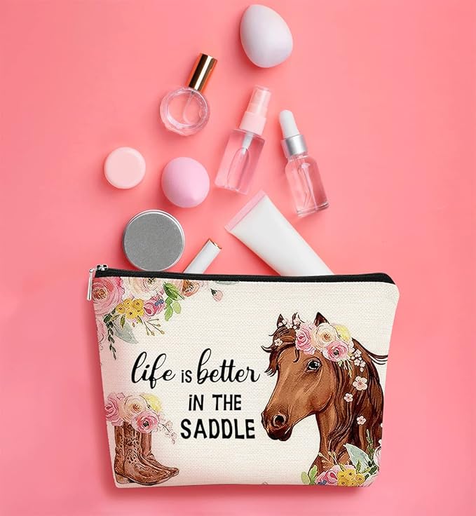 Western Horse Boots Flower Life is Better in the Saddle Funny Farmhouse Cosmetic Bag Makeup Bag Best Gift Idea for Horse Lovers Girls Women,Horse Owners Gifts,Birthday Christmas 's Day Gift