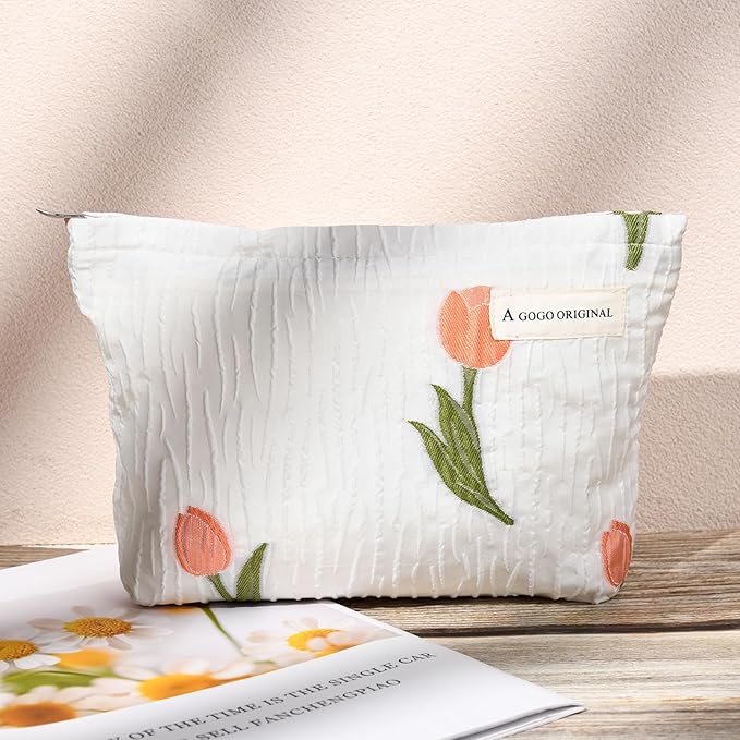 SOIDRAM 2 Pieces Flower Makeup Bag Large Floral Cosmetic Bag Capacity Canvas Travel Toiletry Bag Organizer Cute Makeup Brushes Aesthetic Accessories Storage Bag for Women, Embossed flower L White Pink